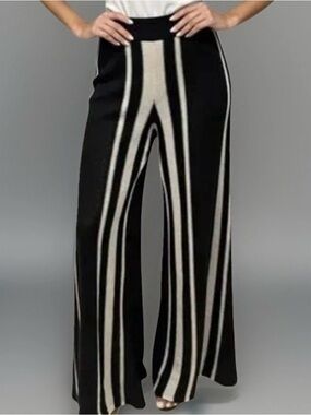 Zara Linen Blend Knit Pull On Wide Pants Women’s L Black Cream Striped Lagenlook